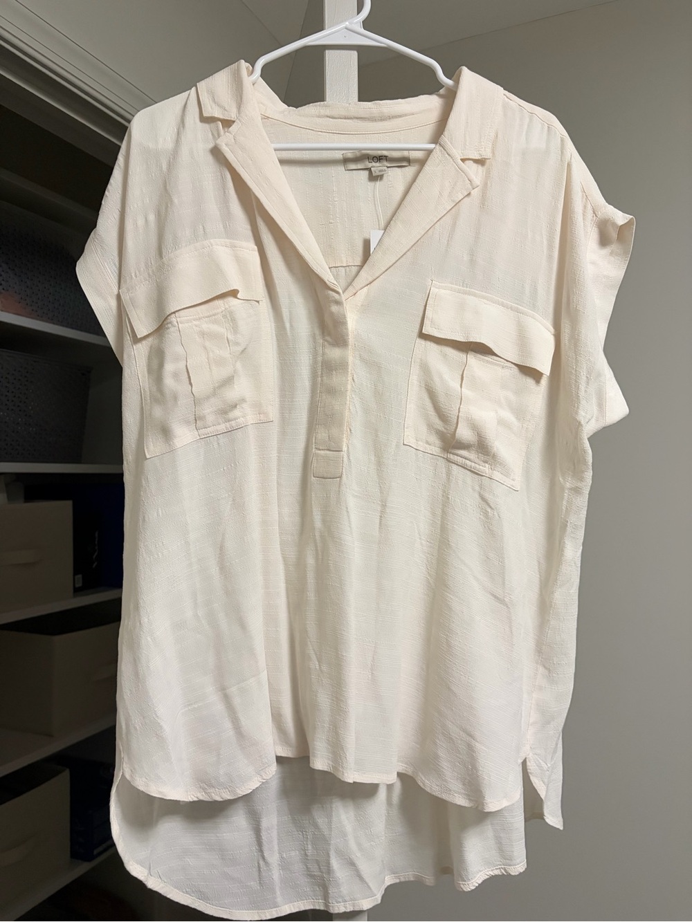 LOFT Ivory Utility Popover Blouse High Low Top Large NWT